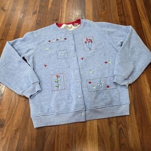 Vintage Embroidered Apple Flowers Blue Cardigan Button Front Size Medium